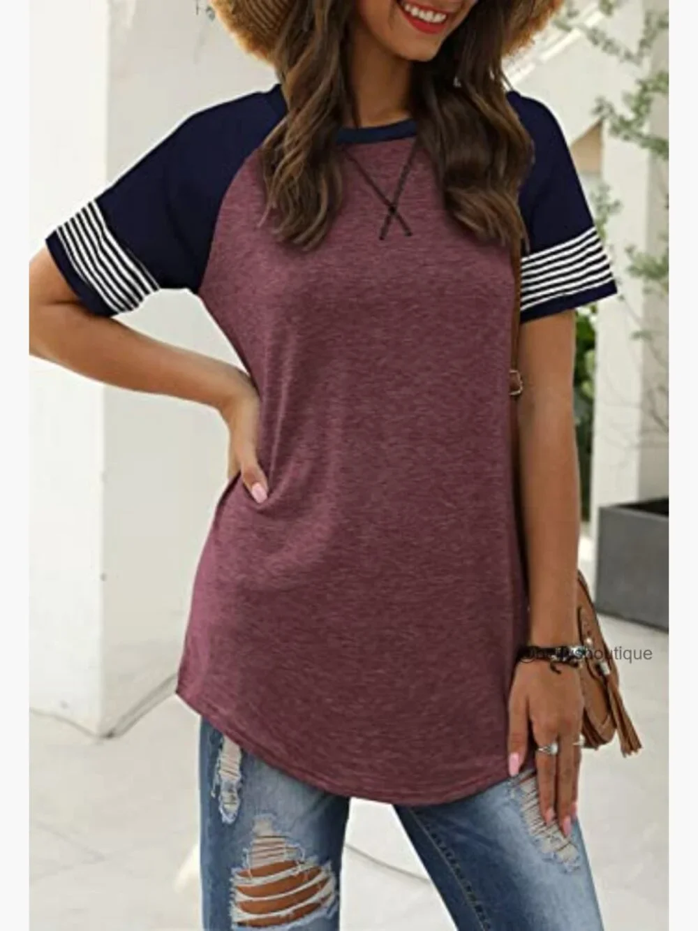 Women's Short Sleeve Striped Tunic T-Shirt Blouse